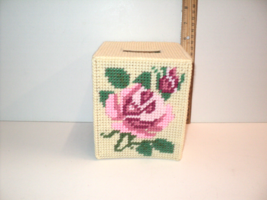 Handmade Tissue Box Holder Cream Needlepoint Pink Roses Vintage - $28.06