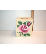 Handmade Tissue Box Holder Cream Needlepoint Pink Roses Vintage - £22.40 GBP