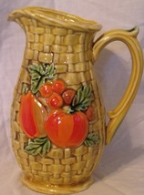 Vintage Ceramic Mustard Yellow Basket Weave Creamer/Syrup Pitcher w/Fruit 8 inch - £12.82 GBP