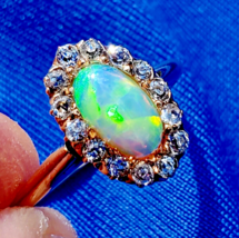 Earth mined Opal Diamond Cushion cut Antique Engagement Ring Deco Solitaire - £2,910.98 GBP