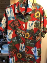 Lizwear Men’s M Red Photo Print Short Sleeve Button Down Rayon Hawaiian ... - $19.30