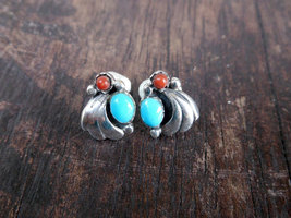 Turquoise &amp; Coral  Bell Flower Stud Earrings 925 Sterling Silver, Handmade Gifts - £44.23 GBP