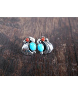Turquoise &amp; Coral  Bell Flower Stud Earrings 925 Sterling Silver, Handma... - £43.96 GBP