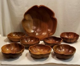 Wooden Salad Bowl Set 8 Scallop Flower Shape Monkey Pod Wood Retro Mid Century - £26.25 GBP