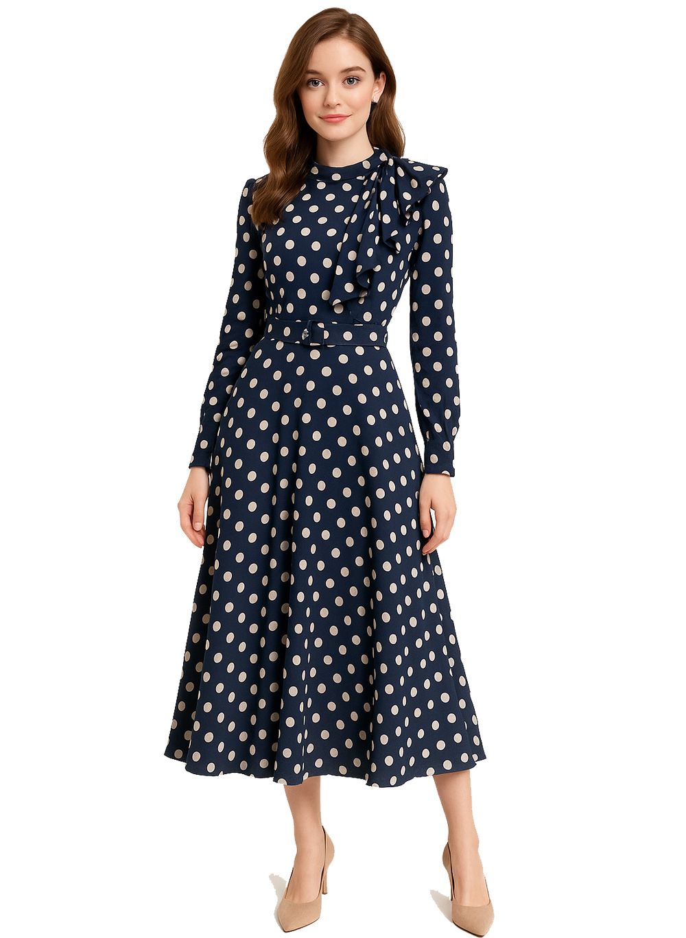 Celeb Style Naomi Watts Inspired Navy/White Polka Dot High-Neck Ruffled Dress Item image 8