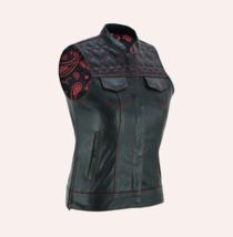 Women&#39;s Black Leather Red Heart Stitching Motorcycle Waistcoat - $129.00