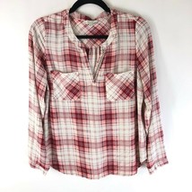 Skies are Blue Womens Popover Blouse Split Neck Plaid Long Sleeve Red Pink S - £7.63 GBP