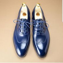 New Handmade Men&#39;s Navy Blue Leather Wingtip Lace Up Dress Oxford Shoes for Men - £103.20 GBP