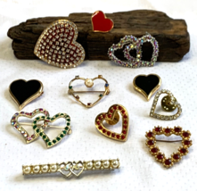 Vtg to Now Heart Brooch Lot Fashion Costume Jewelry Rhinestone 11 Pcs Pins - £23.88 GBP