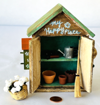 Miniature Dollhouse Garden Potting Shed My Happy Place Birdhouse Tools Flowers - $43.53