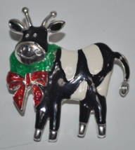 SIGNED TC Black COW WREATH BOW Silver Tone Enamel Red Green CHRISTMAS Br... - $15.83