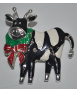 SIGNED TC Black COW WREATH BOW Silver Tone Enamel Red Green CHRISTMAS Br... - €13,74 EUR