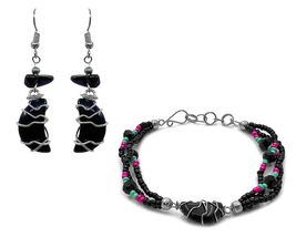 Wire Wrapped Crescent Moon Gemstone Earrings and Beaded Bracelet Matching Jewelr - $19.79