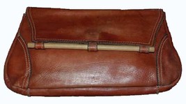 Vintage Purse  Antiqued Brown Leather Flap Clutch Handbag 1970S - $28.71