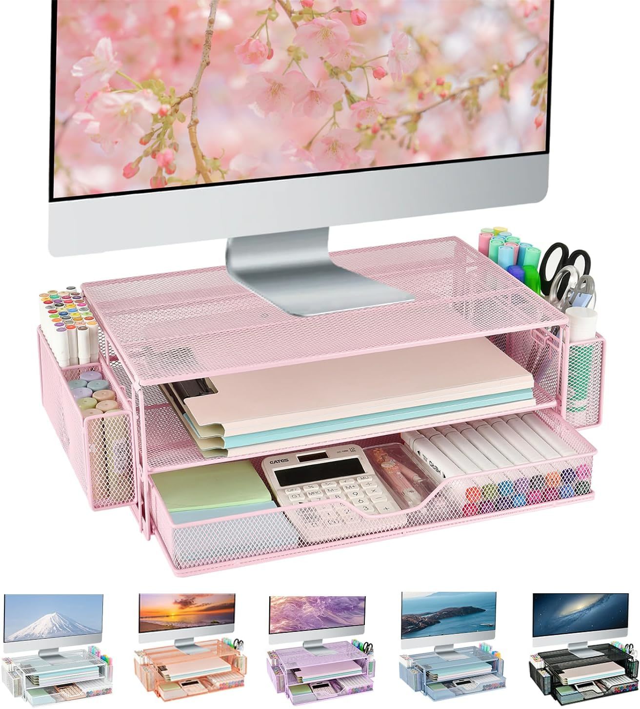 Aupsen Computer Monitor Stands With Drawers And 2 Pen Holder, Desk, Pink - $37.97