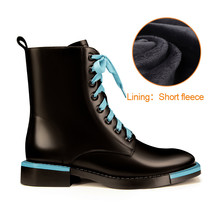 Flat Ankle Boots For Women Cow Leather Zipper Light Blue Lace Up Motorcycle Boot - £157.64 GBP