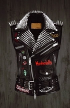 Black Leather Waist Belted Outer Wear, Murderdolls Slipknot Patches, Men Fashion - £227.73 GBP