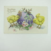 Easter Postcard Yellow Chicks Purple Egg Pink White Daisy Flowers Cotton Antique - £7.98 GBP