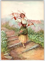 Victorian Art Print European Women Holds Branch And Flowers Village Steps Roma - £33.18 GBP