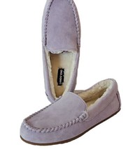 Lands End Moccasin Slippers Womens 7 Faux Fur Lined Lilac Suede Leather Slip On - £21.85 GBP