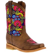 Kids Light Brown Western Boots Leather Paisley Flowers Cowgirl Square Toe Botas - £41.75 GBP