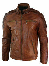 NEW Men&#39;s Leather Jacket Brown Slim Fit Biker Vintage Motorcycle Cafe Racer - £133.95 GBP