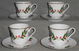 Set (4) Macys - All The Trimmings Holly &amp; Berry Christmas Cups And Saucers - £18.56 GBP
