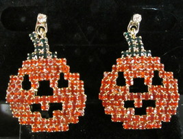 Pumpkin JACK-O-LATERN Pierced Earrings Orange Rhinestones Halloween Autumn - £12.84 GBP
