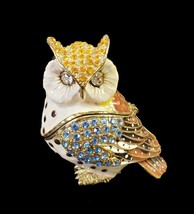 Enamel Horned Owl Trinket Box Blue Gold Rhinestones  Vtg FREE SHIPPING 2.75&quot; - £23.14 GBP