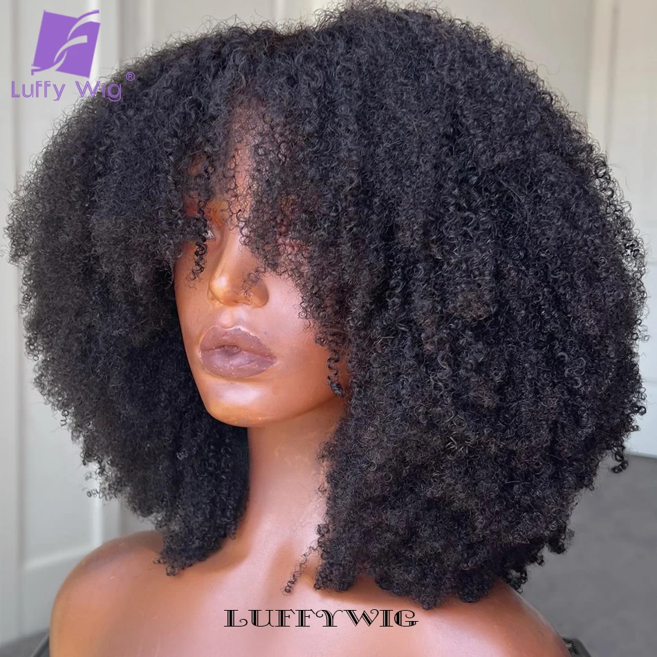 4B 4C Afro Kinky Curly Wig with Bangs Human Hair Full Machine Made Scalp Top W - £74.47 GBP+