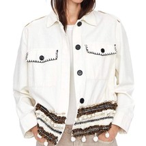 Zara Womens SZ S Jacket white brown embellished seashells tassels button... - $23.74
