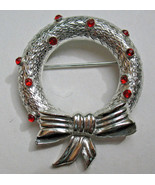 Dodds Silver Christmas Wreath with Red Rhinestones Vintage Pin Brooch Si... - £12.57 GBP