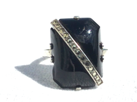 Sterling Silver Onyx Marcasite Ring 1930s-40s Size 5 - £29.92 GBP
