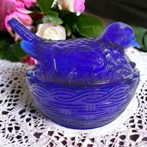 Vintage Cobalt Blue Glass 2 Pc Dove Bird on Nest Lidded Candy Dish Vanity Box - £19.46 GBP