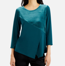 Alfani Womens M Teal Motif Velvet 3/4 Sleeve Asymmetrical Overlay Top NWT AN83 - £23.49 GBP