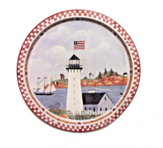Nautical Lighthouse Serving Tray Ships on Bay Scene Metal Round 13-inch ... - $13.99