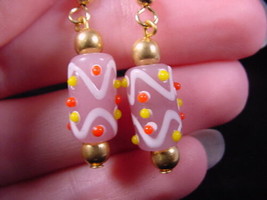 (EE-504-50) Pink white stripe DOT glass dangle earrings lampwork polka dots cute - £9.72 GBP