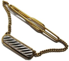 2 1/2&quot; Classic Swank Gold Tone Neck Tie Bar w 2&quot;Hanging Chain Silver Tone Ribbed - £15.76 GBP
