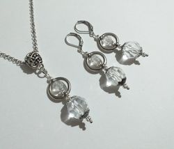 Silver jewelry set hoops crystal necklace earrings Victorian jewelry set... - $52.00