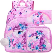 3PCS Unicorn Backpack for Girls, 16”Kids Sequin Bookbag with Lunch Box, School B - £55.48 GBP