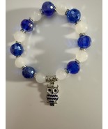 Blue Faceted Bead Stretch Bracelet with White Gemstone Beads &amp; Silver Ow... - €12,80 EUR
