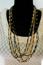  Black Tube Bead &amp; Gold Tone Link Chain Multi-Strand Statement Necklace - £12.75 GBP