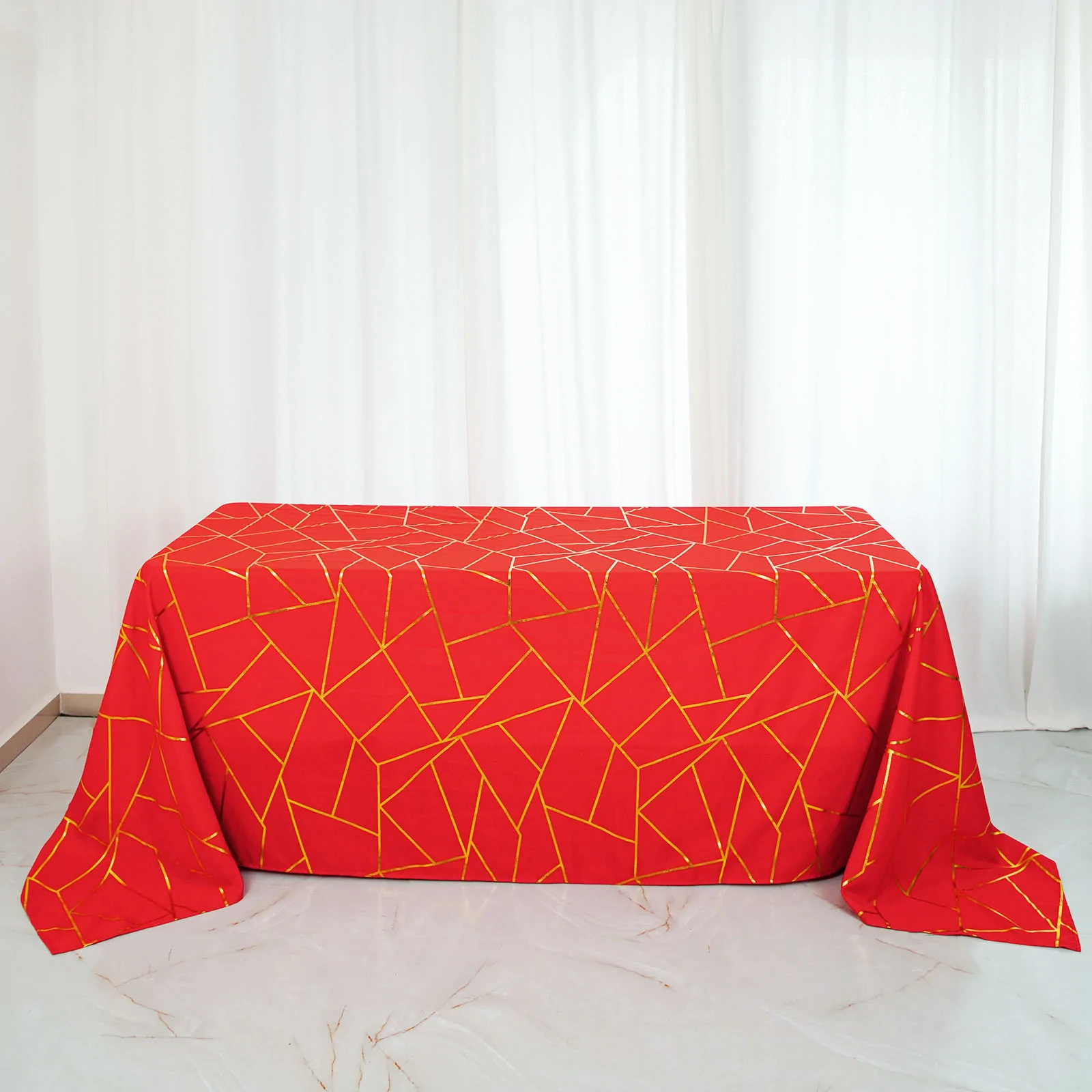 Red - 90&quot;x132&quot; Rectangle Polyester Tablecloth Gold Foil Geometric - £40.50 GBP
