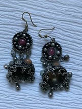 Estate Large Rustic Silvertone Dotted Medallion with Stone &amp; Bead Dangles Earrin - £9.74 GBP