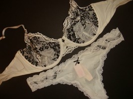 Victoria&#39;s Secret Unlined 34C Bra Set Thong White Black Lace Desire Crystallized - £70.38 GBP