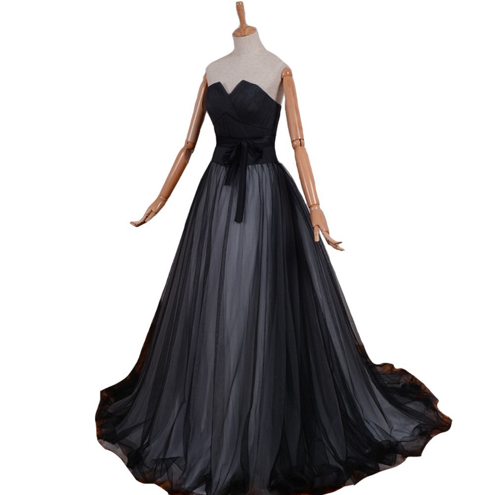 Kivary Gothic White and Black Tulle Sash Long Corset Prom Evening Wedding Dresse