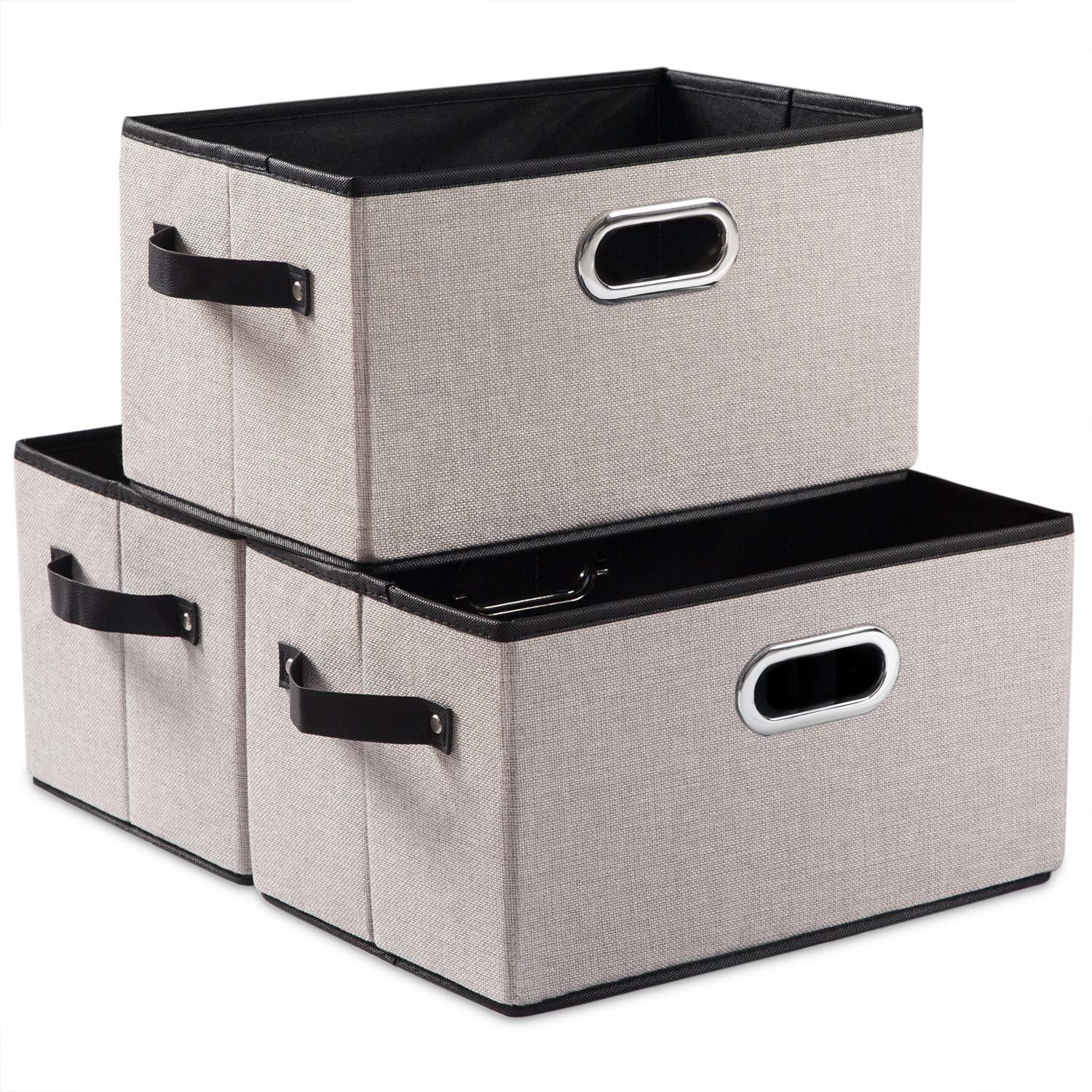 Large Fodable Storage Bins For Closet [3-Pack] Decorative Linen Fabric Storage B