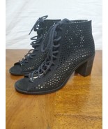 Vince Camuto Tulina Black Suede Laser Cut High Heel Lace Up Open Toe Boo... - $48.95