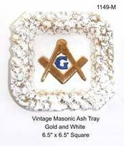 MASONIC FREEMASON 6.5” Sq Ceramic Ash Tray Blue &amp; Gold Relief Collectible - $29.95
