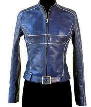 Jacket Leather Womens Size Blue Motorcycle Coat Biker Vintage Lambskin Large 24 - £81.65 GBP+